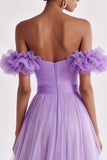 Lilac Off the Shoulder A Line Ruffled Tulle Prom Dress