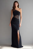 Black One Shoulder Mermaid Lace Maxi Formal Dress