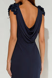 Navy Cowl Neck Ruffled Maxi Formal Dress