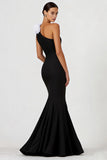 Mermaid 3D Flower One Shoulder Black Formal Dress