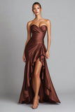 Brown Satin High Low Strapless Ruffled Formal Dress