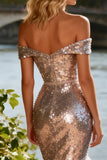 Sparkly Off The Shoulder Champagne Mermaid Prom Dress With Ruffles