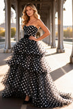 Strapless Polka Dot Tiered A-Line Long Prom Dress