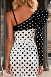 Mermaid White Black Dot Asymmetrical Neck Prom Dress With Slit