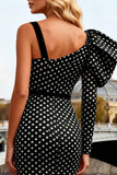 Black White Polka Dot Mermaid Satin Prom Dress With Slit