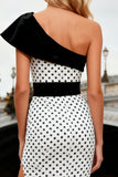 Mermaid One Shoulder White Black Dot Maxi Prom Dress With Slit