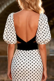 Mermaid White Black Dot Cut Out Short Sleeves Prom Dress With Slit