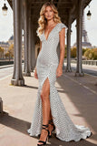 White Black Dot Mermaid V-Neck Convertible Prom Dress With Slit