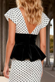 White Black Dot Mermaid V-Neck Convertible Prom Dress With Slit