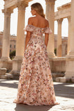 Off the Shoulder Corset Pink Floral A Line Prom Dress