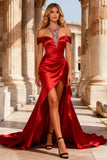 Sparkly Red Satin Cut Out High Low Mermaid Prom Dress