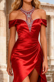 Sparkly Red Satin Cut Out High Low Mermaid Prom Dress