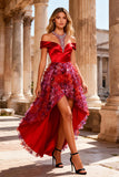 Sparkly Red Satin High Low Prom Dress with Ruffles