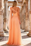 Peach One Shoulder A Line Prom Dress with Ruffles