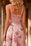 Sparkly Pink Floral Beaded A Line Corset Prom Dress