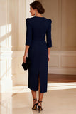 Elegant Navy 3/4 Sleeve Midi Mother of the Bride Dress