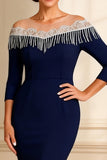 Sparkly Off the Shoulder Beaded Navy Mother of the Bride Dress