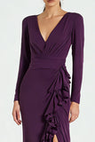 Mermaid Plum Ruffled V-Neck Maxi Formal Dress With Slit