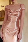 Champagne Mermaid Cold Shoulder Satin Long Formal Dress