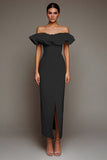 Off The Shoulder Sheath Ruffled Black Tie Dress With Slit