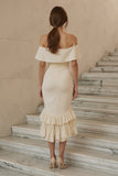 Off the Shoulder Mermaid Ruffled Midi White Dress