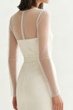 Long Sleeve Satin Midi White Dress with Slit
