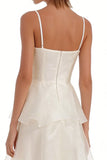Tiered Spaghetti Straps Satin Midi White Dress