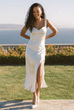 Spaghetti Straps Satin Midi White Dress with Slit