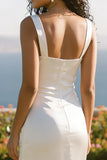 Spaghetti Straps Satin Midi White Dress with Slit
