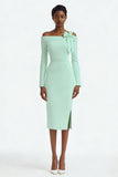 Ivory Long Sleeve Bodycon Midi Engagement Dress with Slit