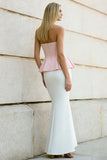 Strapless Mermaid White and Pink Ruffled Maxi Dress