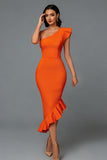 One Shoulder Bodycon Midi White Dress with Ruffles