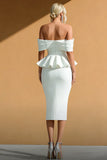 Off the Shoulder Ruffled Bodycon Midi White Dress