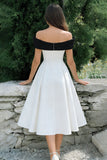 Off the Shoulder A Line Midi White Dress with Bow