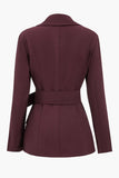 Burgundy Notched Lapel Women Blazer With Belt