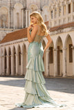 Appliqued Corset Light Green Prom Dress with Ruffles