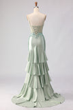 Appliqued Corset Light Green Prom Dress with Ruffles