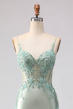 Appliqued Corset Light Green Prom Dress with Ruffles
