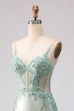 Appliqued Corset Light Green Prom Dress with Ruffles