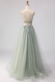 Sage Green A Line Appliqued Corset Sequin Prom Dress