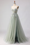 Sage Green A Line Appliqued Corset Sequin Prom Dress