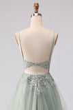 Sage Green A Line Appliqued Corset Sequin Prom Dress
