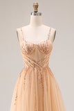Sparkly Peach Beaded A Line Prom Dress