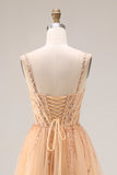 Sparkly Peach Beaded A Line Prom Dress