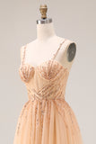 Sparkly Peach Beaded A Line Prom Dress
