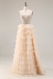 Sparkly Apricot Corset Tiered Ruffled Strapless Prom Dress