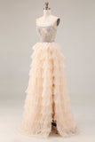 Sparkly Apricot Corset Tiered Ruffled Strapless Prom Dress