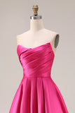 Strapless Fuchsia Satin Ruched A Line Prom Dress