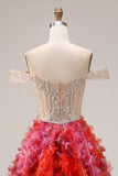 Sparkly Fuchsia Corset Off the Shoulder Prom Dress