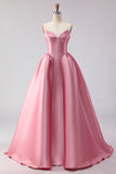 Pink Satin Ball Gown Strapless Prom Dress